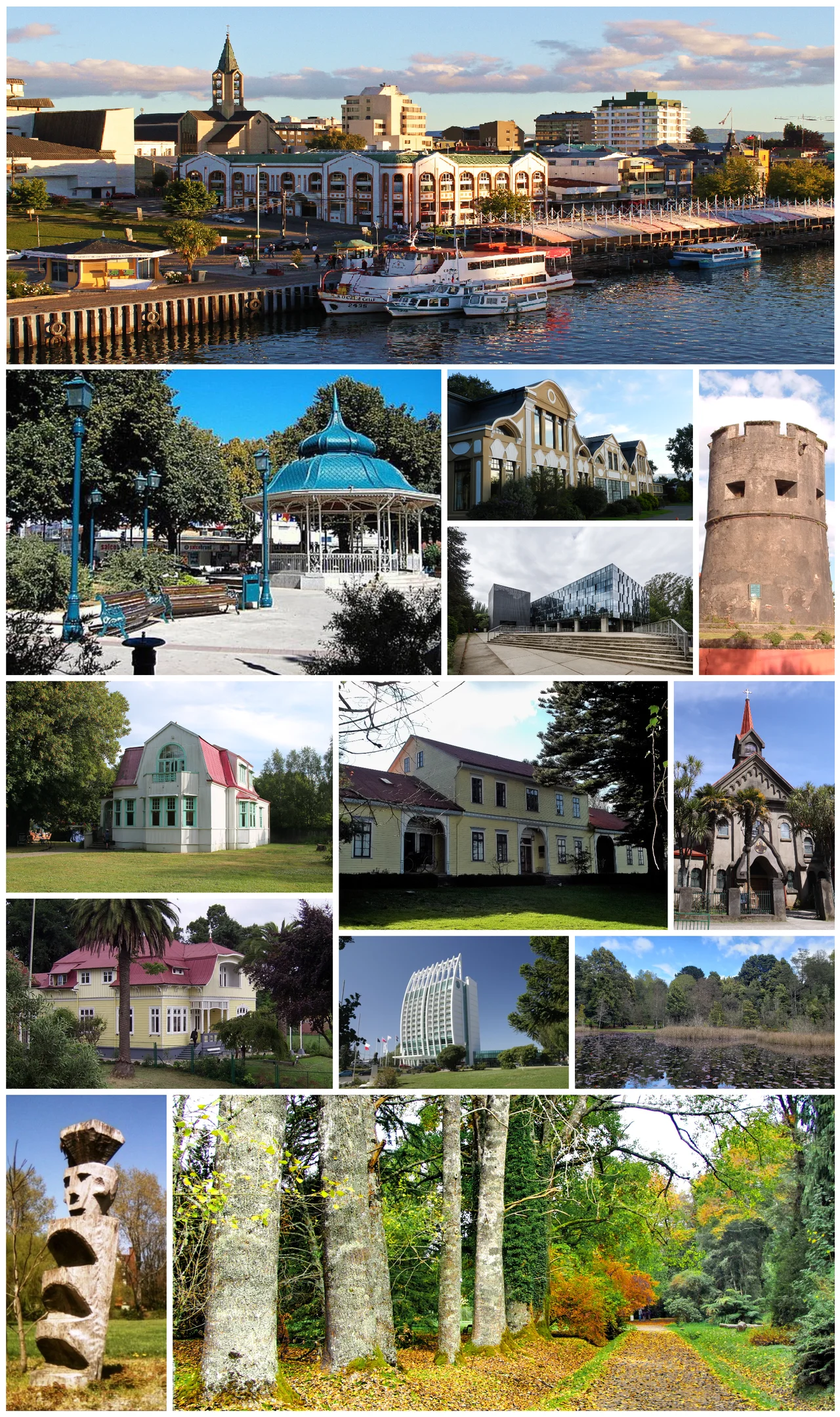 Montage of Valdivia, Republic of Chile. Description:
1º row: Valdivia waterfront facing to Calle-Calle river.
2º row: (left) Town square of Valdivia, (center-top) Naguilán hotel, (center-down) Sciences Building of the Austral University, (right) Los Canelos turret.
3º row: Rudolph Amandus Philippi Museum, Historical and Anthropologic Museum Maurice van de Maele, &amp; St. Francisco Church.
4º row: Prochelle house, Dreams Hotel &amp; Casino, and Los Lotos lagoon in Teja island.
5º row: Mapuche's Rewe, and Botanical Garden of Valdivia.