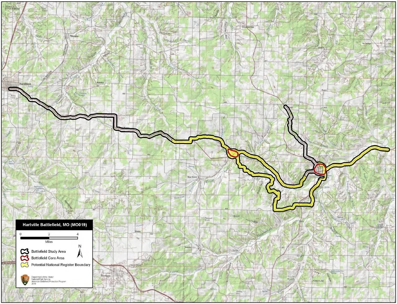 Map of battlefield core and study areas.
The ABPP revised the 1993 Study Area and extended the Confederate approach route to Marshville where Porter and Marmaduke's forces met prior to moving east. The Confederate flanking maneuver around Merrill's position at Wood's Fork, the Confederate route of retreat toward Houston, and the Union route of retreat towards Lebanon were also added to the Study Area.
The ABPP added a new Core Area at Wood's Fork where Federal and Confederate forces first clashed. The Core Area at Hartsville was adjusted slightly to better represent the range of artillery used by both forces.
