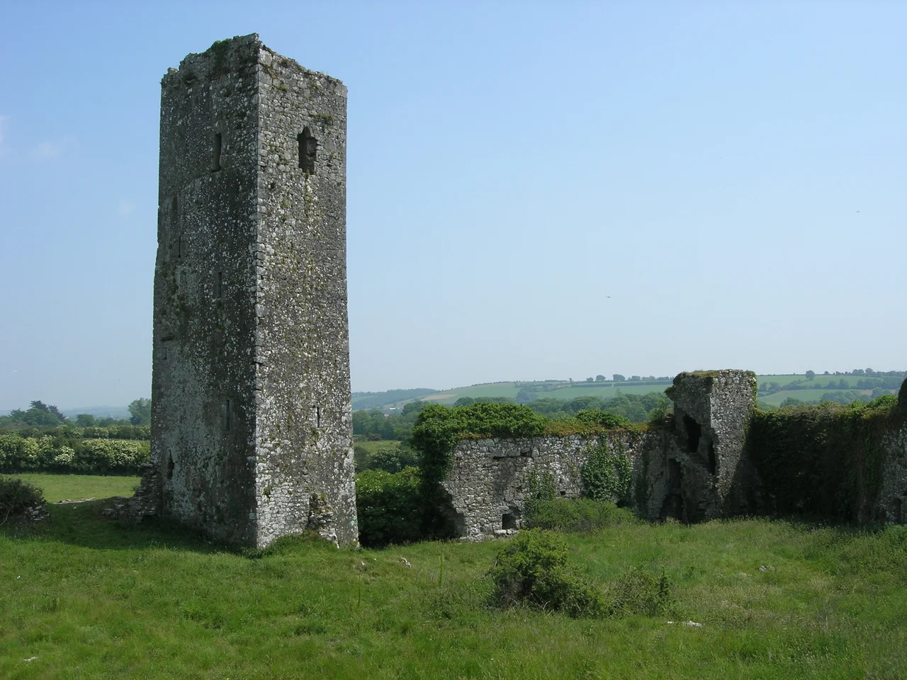 Ballincollig Castle tower and southeast wall. Picture taken from west wall. County Cork, Ireland.