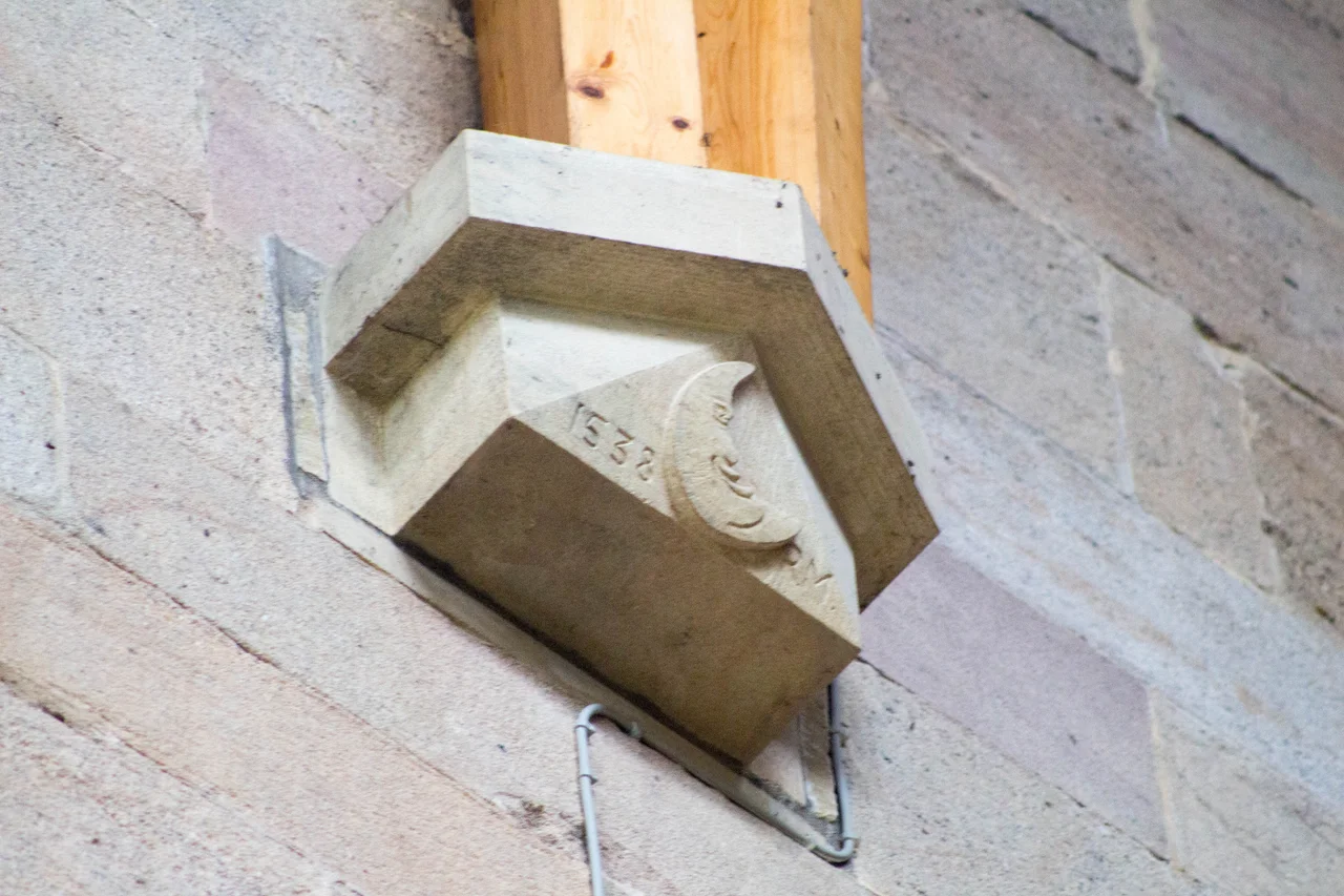 Corbel bearing effigy dedicated to Prior Moone, last prior of the priory before dissolution in the sixteenth century. Situated in the west tower of the Priory Church of St Mary & St Cuthbert, Bolton Abbey