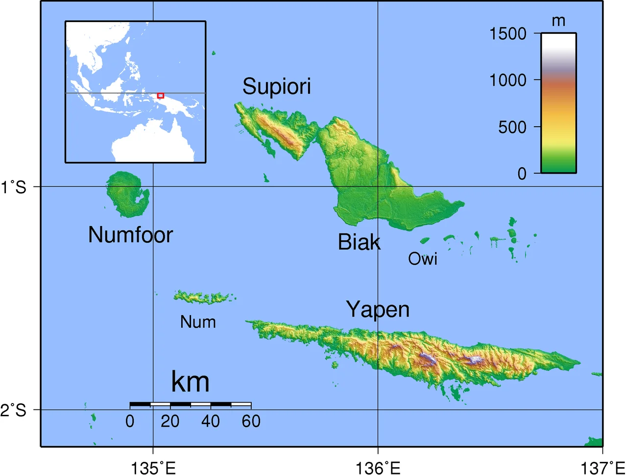 Topographical map of Schouten Islands in Indonesia. Created with GMT from 
publicly released SRTM data.
