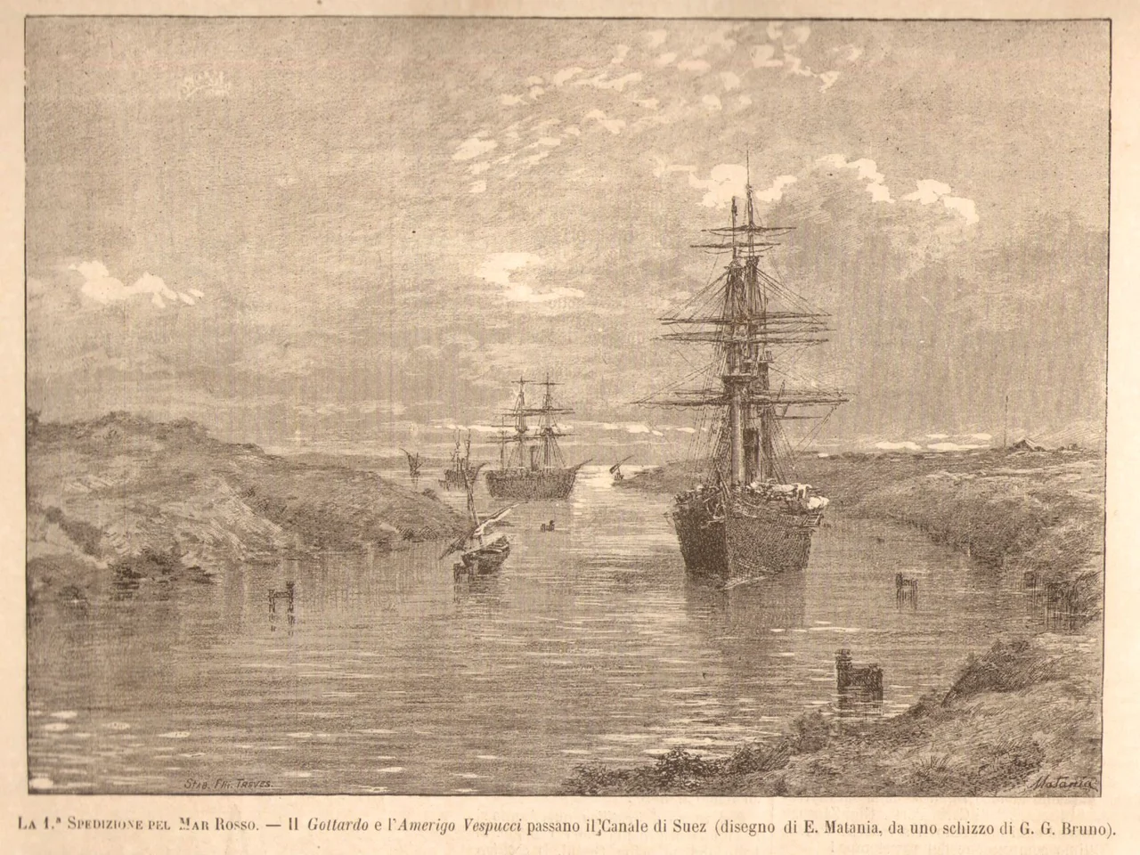 The Italian ships "Gottardo" and "Vespucci" sailing in the Suez Canal during the Italian expedition to the Red Sea in 1885.