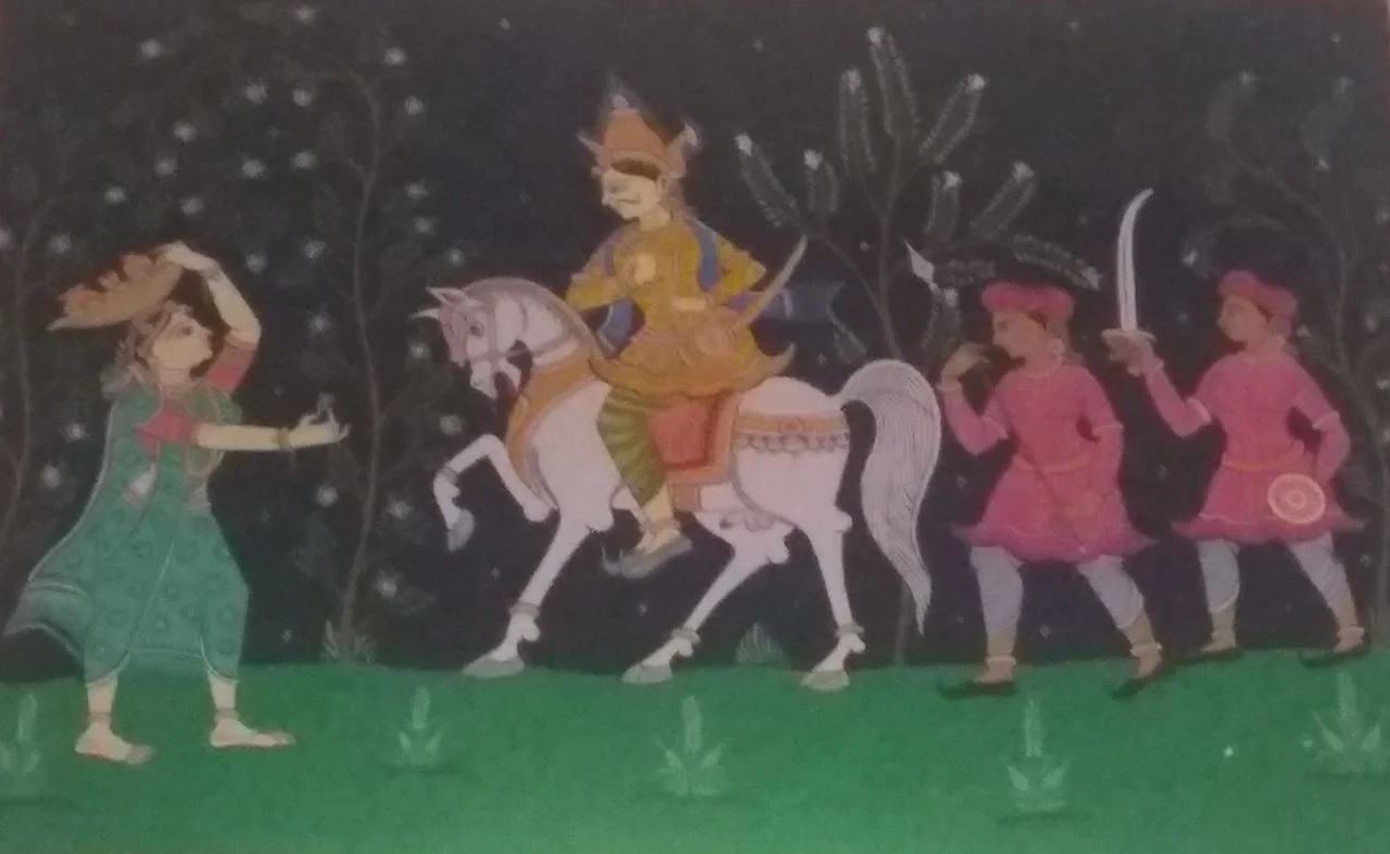 A traditional wall painting at a Jagannath temple in Bangalore, depicting the return of Gajapati Purushottam Deva from Kanchi expedition and meeting Manika on the way as in a Odia folklore.