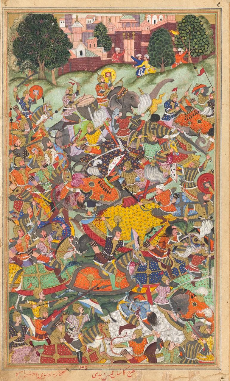 The defeat of Hemu at the Second Battle of Panipat, a c. 1590s painting by Kankar from the Akbarnama. Neither Hemu nor Akbar are depicted here suggesting that this might be part of a double-page composition.